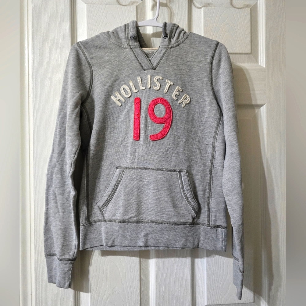 Y2K Hollister Embroidered Graphic Hoodie, Light Ash Gray, Fitted, Lightweight.